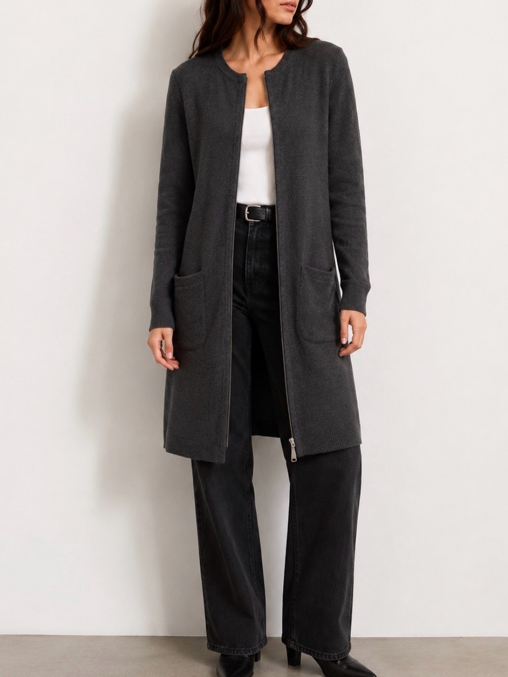 Banana Republic Longline Zip Cardigan Minimalist Quiet Luxury Grey Small